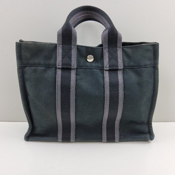 Hermes Fourre Tout Canvas Tote Bag Handbag Satchel Black Grey - Picture 1 of 15